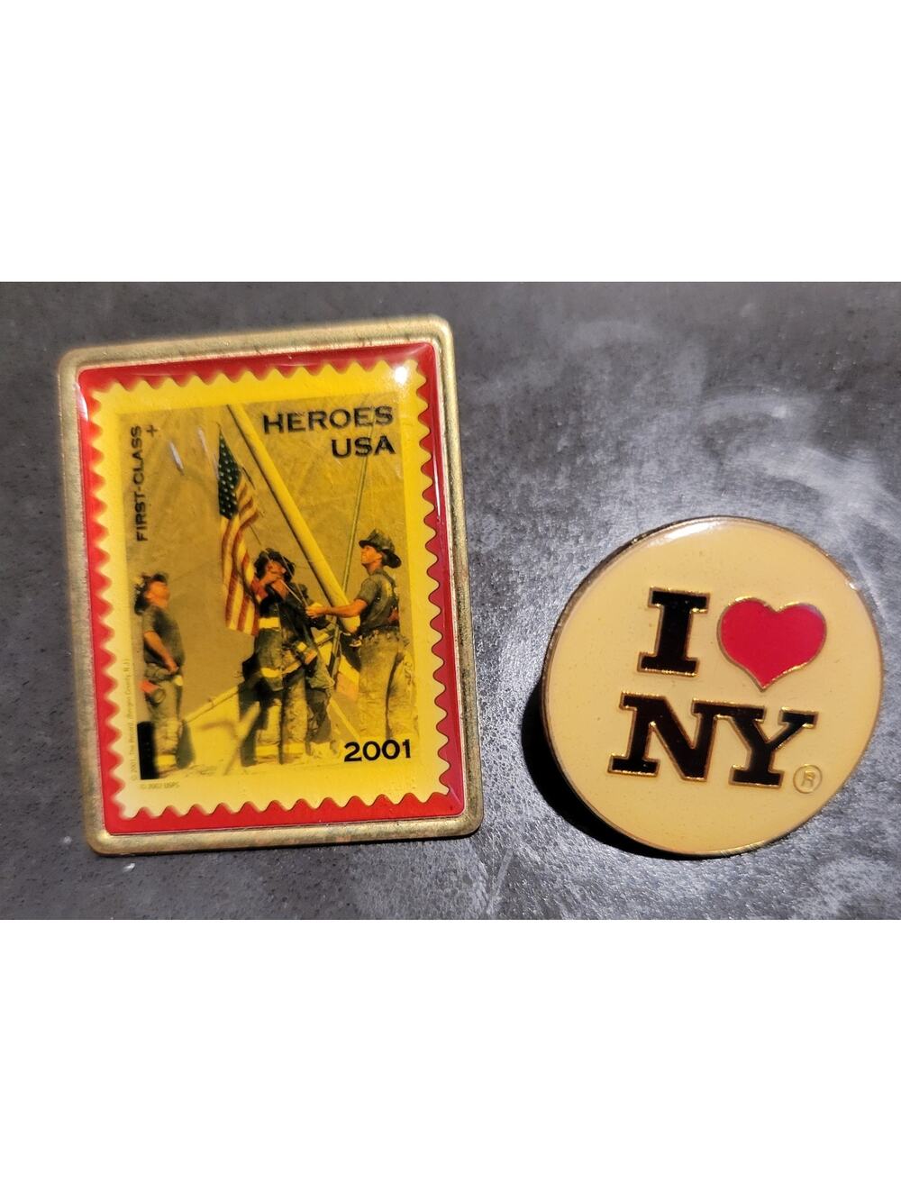 Lot of 2 NY Pins 9/11  First Responder Heroes USPS Stamp & Round I love NY Pin